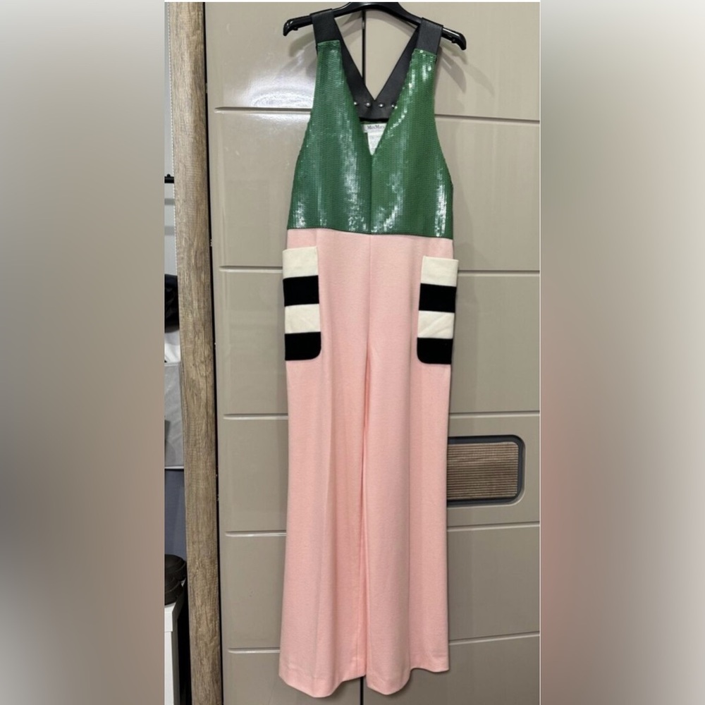 Max Mara jumpsuit. Green and pink wide leg with leather straps. Size 4 small.